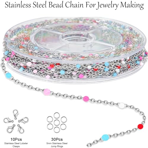 Stainless Steel Enamel Chain for Jewelry Making, Oil Drip Rainbow Jewelry Chains for DIY Necklace Bracelet Craft Jewelry Making Supplies with Stainless Steel Jump Rings Lobster Clasps Connectors - color: Mixed Style Silver
