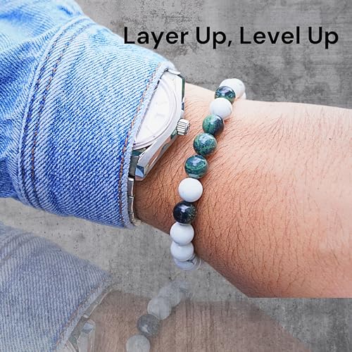 Black Obisidian Bracelets for Men 8" Inch Full Stretch Healing Crystal Bracelet, Beaded Charm Bracelet for Men Gifts Fathers Day Anniversary Birthday Gifts for Him - color: White Howlite & Jasper Bracelets