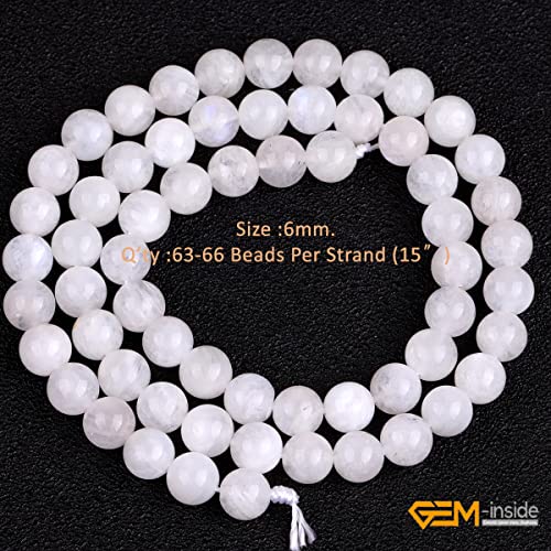 Gem-Inside 6MM Natural Blue Rainbow Moonstone AAA Grade Genuine Gemstone Beads for Jewelry Making 15" - color: Aaa White Moonstone, size: 6mm