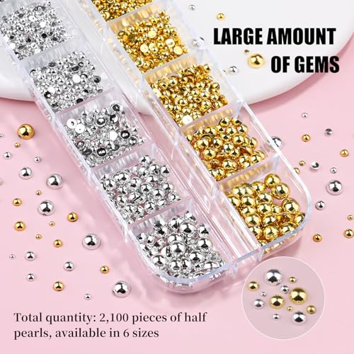 Gold and Silver Nail Charms and Gems, 1.5-5mm Half Round Flatback Nail Pearls Ball Beads Silver Gold Pearls for Nails with Pickup Pencil and Tweezers (12-K1-half-pearls-gold-silver) - color: 12-K1-half-pearls-gold-silver