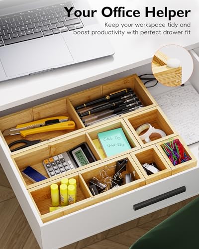 6PCS Desk Drawer Organizer Tray with 12 Compartments – Bamboo Office Storage Boxes Set for Junk Drawer Supplies, Utensils, Cosmetics, Jewelry and More - size: 12 Compartments