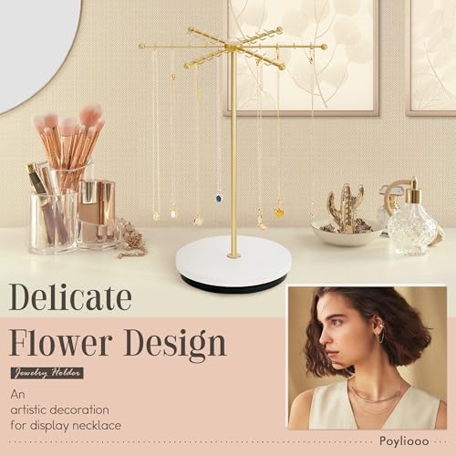 Poyilooo Necklace Holder Jewelry Stand, Rotating Necklace Holder Organizer with 48 Hooks for Necklace Earring Keychains Bracelet Display Stand, Metal Necklace Tree Stand -Women Gifts (Gold) - color: Gold