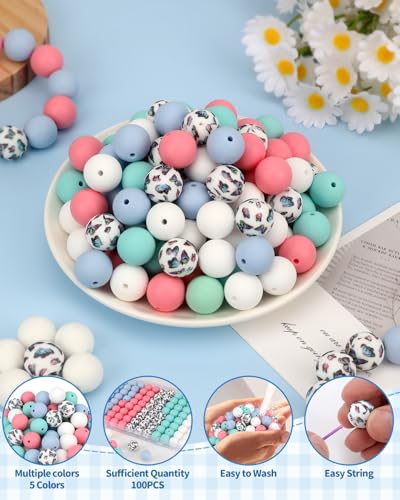 100 Pcs 15mm Silicone Beads for Keychain Making, Butterfly Silicone Beads Bulk Round for Bracelets Pens Crafts Jewelry Making (Butterfly) - color: Butterfly