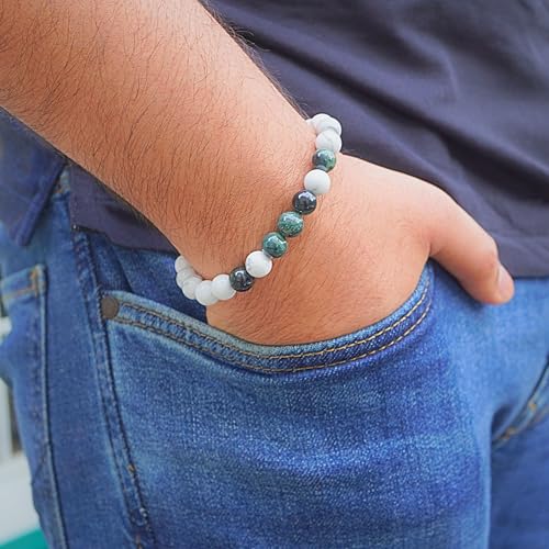 Black Obisidian Bracelets for Men 8" Inch Full Stretch Healing Crystal Bracelet, Beaded Charm Bracelet for Men Gifts Fathers Day Anniversary Birthday Gifts for Him - color: White Howlite & Jasper Bracelets