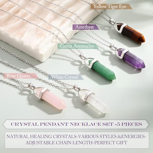 Yaomiao 5 Pieces Crystal Necklaces, Healing Stones Spiritual Pendant Natural Gemstone Jewelry with Adjustable Chain for Women Girls - color: Mixed Color with Crystal
