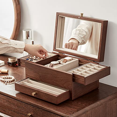 CHOSIN Black Walnut Jewelry Box for Women, 3-Level Multi-functional Organizer with Mirror for Watches, Necklaces, Rings & Earrings Storage Mothers Day Gifts for Mom - style: With Mirror