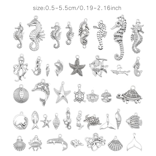 Julie Wang 90PCS Alloy Ocean Pendants Antique Silver Gold Tone Mermaid Tail Seahorses Shell Starfish Mixed Sea Charms for Necklace, Bracelet Summer Beach Jewelry Nautical Themed Craft Supplies - color: Antique Silver