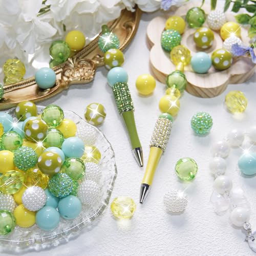 48 Pcs 20mm Beads for Pens Rhinestone Bubblegum Beads Mixed Crystal Acrylic Round Chunky Bead Sparkly Craft Large Balls Bead for Pen Beadable Keychain Bracelet Necklace DIY Jewelry Making Supplies - color: Green series