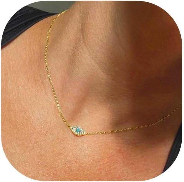 Evil Eye Necklace for Women 14K Gold Plated Delicate Necklaces Blue White CZ Diamond Pendant Necklace Cute Boho Tiny Evil Eye Lucky Protection Jewelry Gift for Women