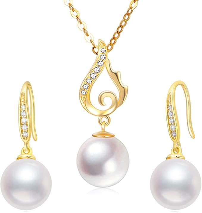 14k Gold Diamond Pearl Necklace and Earrings Jewelry Set