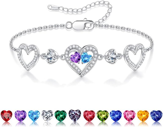 Iefil Valentines Day Gifts for Her - 925 Sterling Silver Heart Birthstone Bracelet Birthday Anniversary Jewelry Gifts for Her Wife