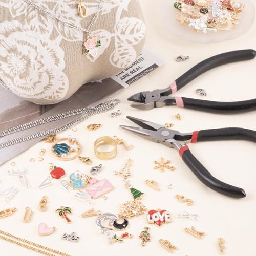 HUISUYTON 18K Gold Necklace Chain Kit for Jewelry Making, 59FT 12Rolls Bracelet Chains with Charms/Pliers/Jump Rings/Lobster Clasps Accessories for DIY Necklace Bracelet Making - color: 18k Gold Plated and Stainless Steel Silver-59Ft+Pendants