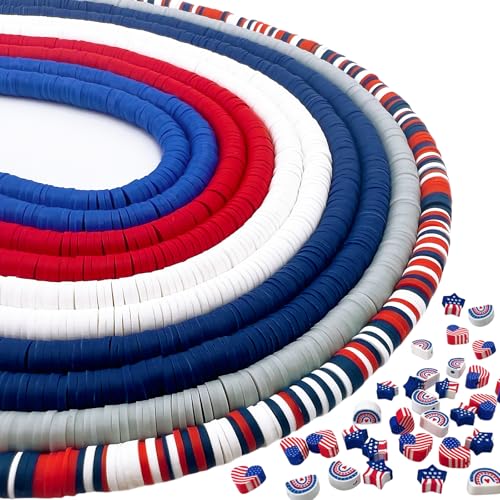 3600 PCS 10 Strands Red White and Blue Clay Beads for Jewelry Making, Clay Charms, Vinyl Heishi Beads 6mm for Surfer Bracelets Necklace Making (4th of July Scheme) - color: 4th of July Scheme Color