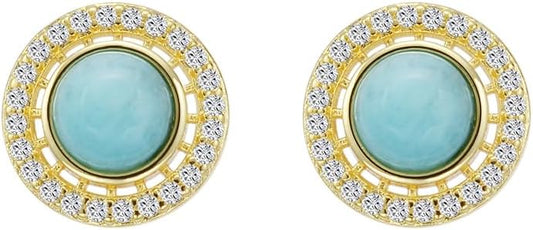 Larimar Stone Stud Earrings for Women, Gold Plated Brass