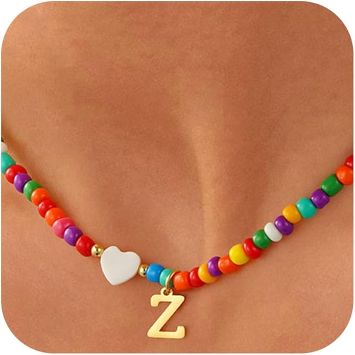 Valentines Day Gifts for Kids Women Girls - Colorful Beaded Initial Necklace Teen Girls Trendy Stuff Dainty Letter A-Z Choker Necklace Valentines Day Gifts for Her Mom Jewelry