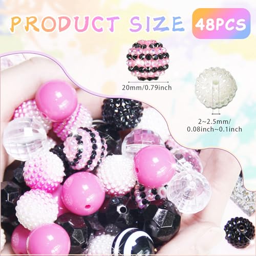 Exway 48 Pcs 20mm Black Pink Acrylic Resin Rhinestone Bubblegum Beads, Round, Large, Sparkly Craft Beads for Pen, Beadable Keychain, Bracelet, Necklace, DIY Jewelry Making Supplies - color: Black