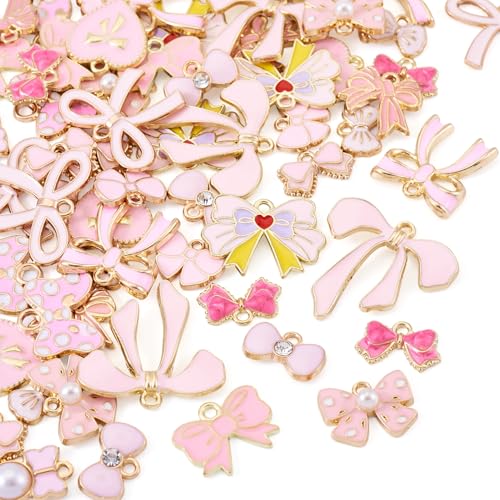 Craftdady Enamel Dangle Charms Pendant Food Animal Flower Cute Charms Colorful Metal Fruit Pendants Hang Ornament for Craft Bracelet Necklace Earring Key Chains Jewelry Making - color: Pink Bowknot