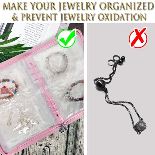 Bracelet Holder Travel Jewelry Organizer Case Transparent Jewelry Storage Book for Earring Necklace Ring with Small Clear Zippered Pouch - color: Pink,48 PCS Large Bags