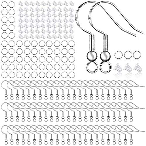 925 Sterling Silver Earring Hooks 150 PCS/75 Pairs,Ear Wires Fish Hooks,500pcs Hypoallergenic Earring Making kit with Jump Rings and Clear Silicone Backs Stoppers (Silver) - color: Silver, size: 500pcs