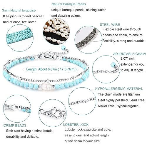 Peridot Stand Silver Gold Bracelets, Handmade Birthstone Stack Bracelet Crystal Gemstones Bead Chain Gift for Women, 8" - color: Silver-06-Turquoise and Baroque Pearls