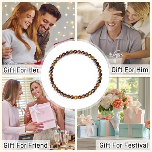MAIBAOTA Healing Crystal Bracelet for Women Men, 8/4 mm Natural Stone Beaded Bracelets, Jewelry Birthday Gifts, Round Gemstones Stretch Bracelets - color: Brown-Tiger Eye, size: 4 mm