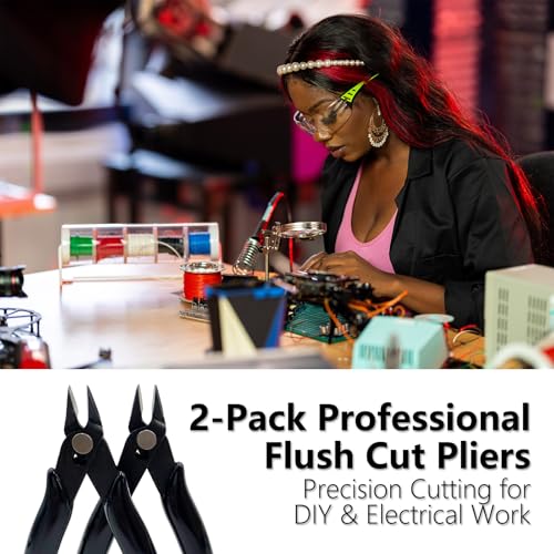 2 Pack Micro Wire Cutters 5 Inch Flush Cutters, Precision Side Cutters Nippers, Spring-Loaded Diagonal Pliers for Electronics, Jewelry Making, Plastic Models, Cable Ties (Black)