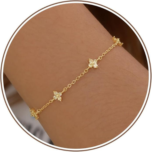 JSJOY Birthstone Bracelets for Women, 14K Gold Bracelets for Women Mom Gifts Birthday Valentines Day Gifts for Gf Dainty Flower Gift for Her Birthstone Bracelet Mothers Day Gift