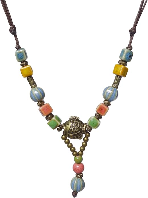 Adjustable Ceramic Beaded Necklace for Women, Boho Handmade Flower Pendant Necklace, Hippie Jewelry for Mom and Wife