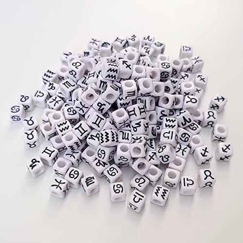 200+ Pieces 7x7mm White Cube Acrylic Alphabet Zodiac Charms Constellation Beads Mixed Plastic Shape Loose Beads for Jewelry Making Bracelets Necklaces Key Chains (Black on White) - size: Black on White
