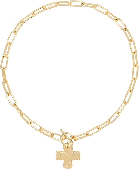 Gold Chunky Cross Necklace for Women - Statement Layered Hammered Cross Pendant Jewelry with Vintage Toggle Clasp, Bold Paperclip Chain Necklace Gift for Her