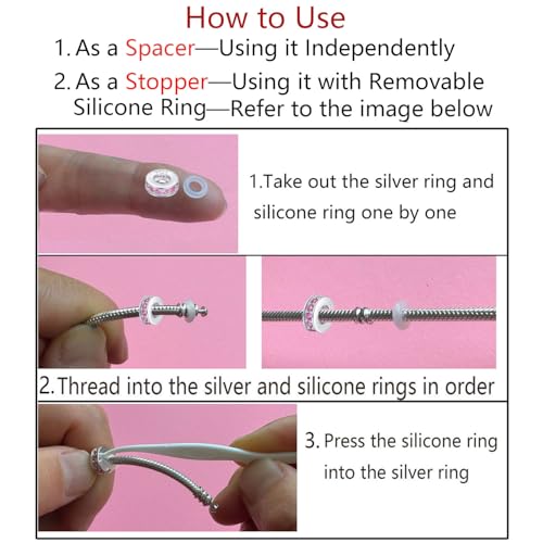 Clip Stopper Charms Sterling Silver Rondelle Spacer Bead Charm Stopper Charm for Pandora Charm Bracelets - color: Pink (2 pcs )