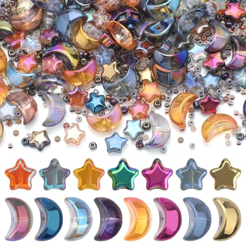620pcs Mixed Star Moon Glass Beads for Jewelry Making, Shaped Star Moon Spacer Beads with Glass Seed Beads for DIY Supplies Bracelets Necklaces Earrings - color: colorful