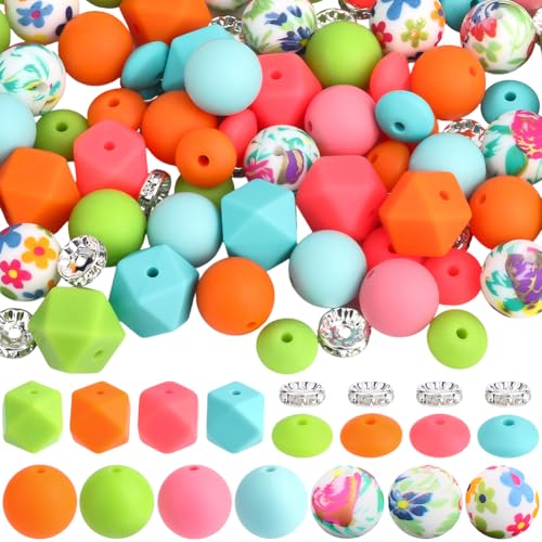 1 Box 97PCS Silicone Beads Kit Focal Round Hexagon Rondelle Rhinestone Assorted Pink Orange Green Spacer Loose Bead Charm Bulk for Jewelry Making Necklace Bracelet Keychain Diy Craft Supply