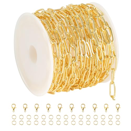 YOUBEIYEE 5 Meters Light Gold Paperclip Jewelry Chain for Jewelry Making 18K Gold Plated Brass Link Chain Necklace DIY with Jump Rings and Lobster Clasps - color: Paperclip