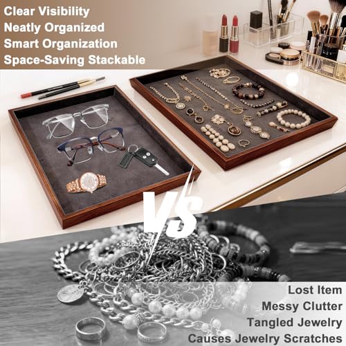 Large Solid Wood Jewelry Watch Tray, Velvet Jewelry Board Display Trays for Key Wallet Ring，Stackable Wooden Jewelry Drawer Organizer Showcase Jewelry Holder(Grey) - color: Gray