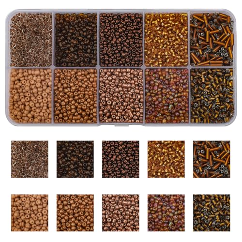 Approx 5000pcs 12/0 Glass Seed Beads for Jewelry Making, 2mm Mix 10 Colors Tube Beads Glass Bugle Beads Waist Beads Kit for Bracelets Necklaces Earrings DIY Supplies (Brown) - color: Brown