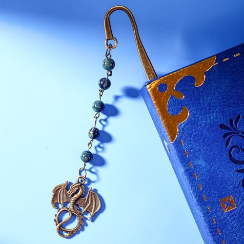 Vintage Witch Brass Metal Copper Bookmark with Dragon and Bead Chain Pendant–Wicked,Handmade Sodalite Bookmarks for Reading Women,Men,Book Lovers,Girls,Teens,Teachers and Students - style: Dragon