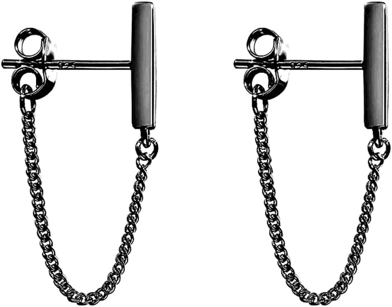 Reffeer Solid 925 Sterling Silver Stud Earrings Minimalist Bar Earrings with Chain Dangle Earrings For Women
