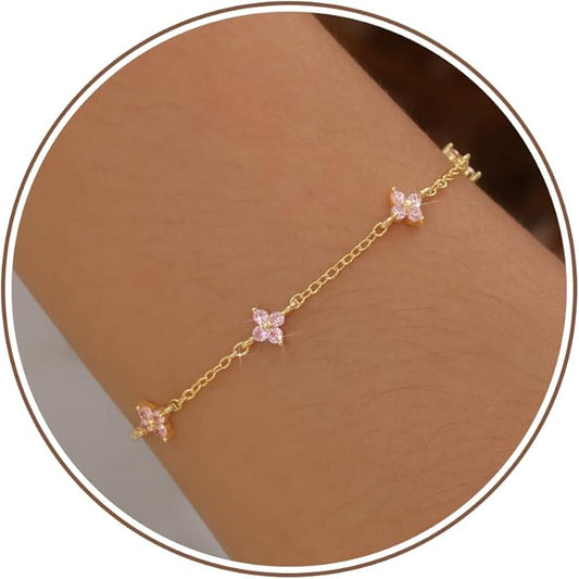 JSJOY Birthstone Bracelets for Women, 14K Gold Bracelets for Women Mom Gifts Birthday Valentines Day Gifts for Gf Dainty Flower Gift for Her Birthstone Bracelet Mothers Day Gift