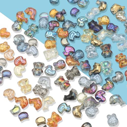 640pcs Shaped Animal Glass Beads for Jewelry Making, Shaped Cat/Rabbit/Duck/Bear/Dolphin Loose Spacer Beads for DIY Supplies Bracelets Necklaces Earrings - color: Animal style