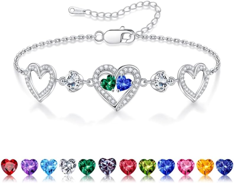 Iefil Valentines Day Gifts for Her - 925 Sterling Silver Heart Birthstone Bracelet Birthday Anniversary Jewelry Gifts for Her Wife