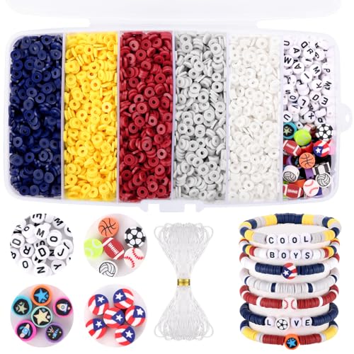 Red White and Blue Clay Beads, Clay Beads for Bracelet Making, Funtopia 5000 Pcs Heishi Flat Round Bead, Friendship Bracelet Kit with Letter Sports Bead, Birthday DIY Craft for Boys Adults - color: 10.Red white and blue