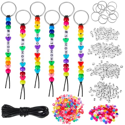 Taiyin 361 Pcs/24 Sets Mother's Day Bead Key Chain Craft Kit Teach Seed Beads Mom Pony Opaque Bead for Jewelry Making Bag Charms Bracelets DIY String Star Shape Beads Mothers Day Party Favor for Women - color: As Shown in the Picture