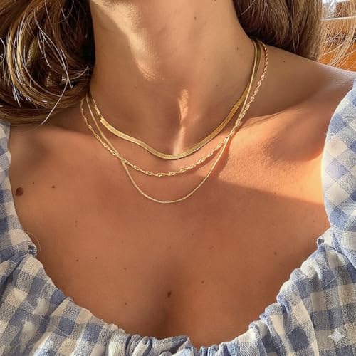 Tewiky Layered Necklaces for Women Non Tarnish- Chunky 14k Gold Plated Herringbone/Snake/Rope/Box/Cuban Link Chain for Women Waterproof Layering Stack Choker Necklace Trendy Dainty Tarnish Free Jewelry Set - color: 3 Necklace Set Gold