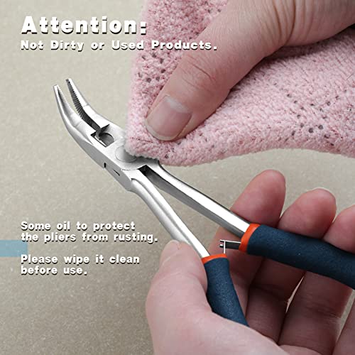 Long Reach Bent Nose Pliers for Jewelry Making 6 Inches Mini Bent Nose Pliers with Cutter Split Ring Jewelers Pliers Curved Needle Nose Pliers for Crafting and Repair Supplies - style: Bent Nose Pliers Serrated Jaws