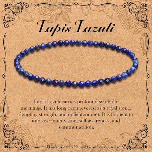 BONNY BOXX Natural Genuine Gemstone Faceted Round Beads Bracelets, 3mm Adjustable Stretchy Tiny Faceted Black Tourmaline Bracelet, Healing Crystal Reiki Chakra Dainty Jewelry Fashion Gifts - color: Lapis Lazuli