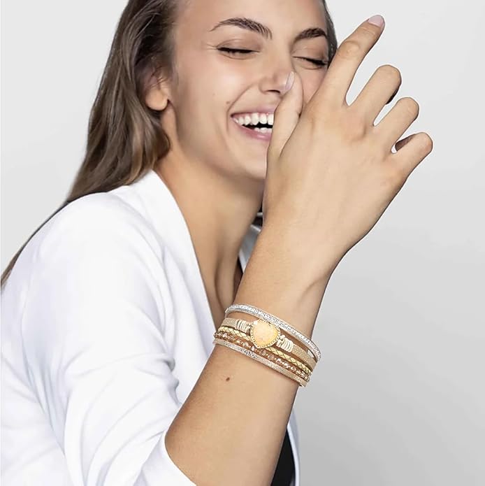 Suyi Multilayer Leather Wrap Bracelet Heart-Shape Wide Cuff Bracelets for Women