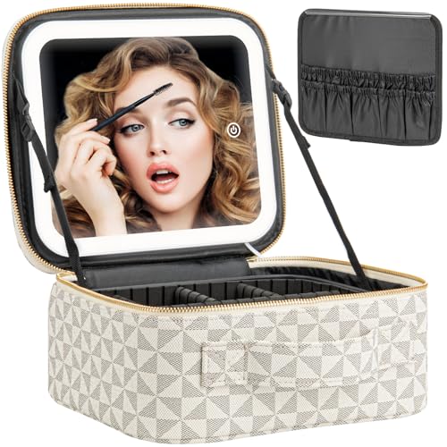 Extrei Gent Makeup Travel Train Case with Mirror LED Light 3 Adjustable Brightness Large Cosmetic Bag Portable Storage Adjustable Partition Waterproof Makeup Brushes Make up Jewelry Gift for Women - color: White