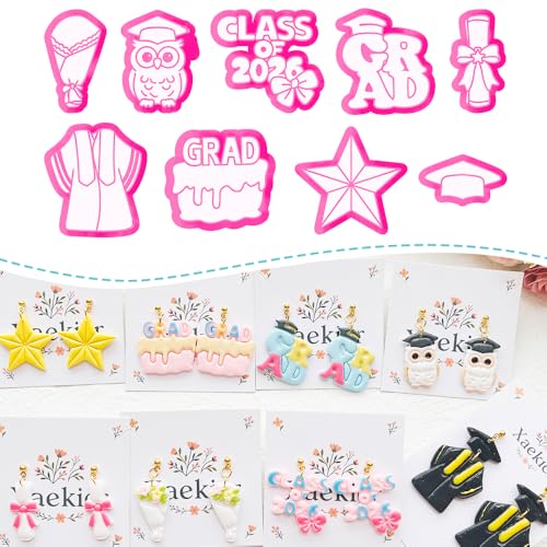 Graduation Polymer Clay Cutters Set - 9pcs Sharp & Durable Class of 2026, Grad, Owl, Cap, Gown, Cake & Star Shapes for DIY Earring Jewelry Making, Soft Clay Crafts & Class Party Supplies - color: 2N color
