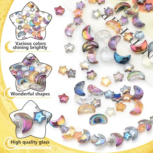 Glass Beads, KLFHS 60PCS Mixed Color Star and Moon Glass Beads for Jewelry Making, Cute Unique Bead Bulk Spacer Bead for Jewelry Bracelet Necklace Earring Craft Supplies DIY - color: Star-moon